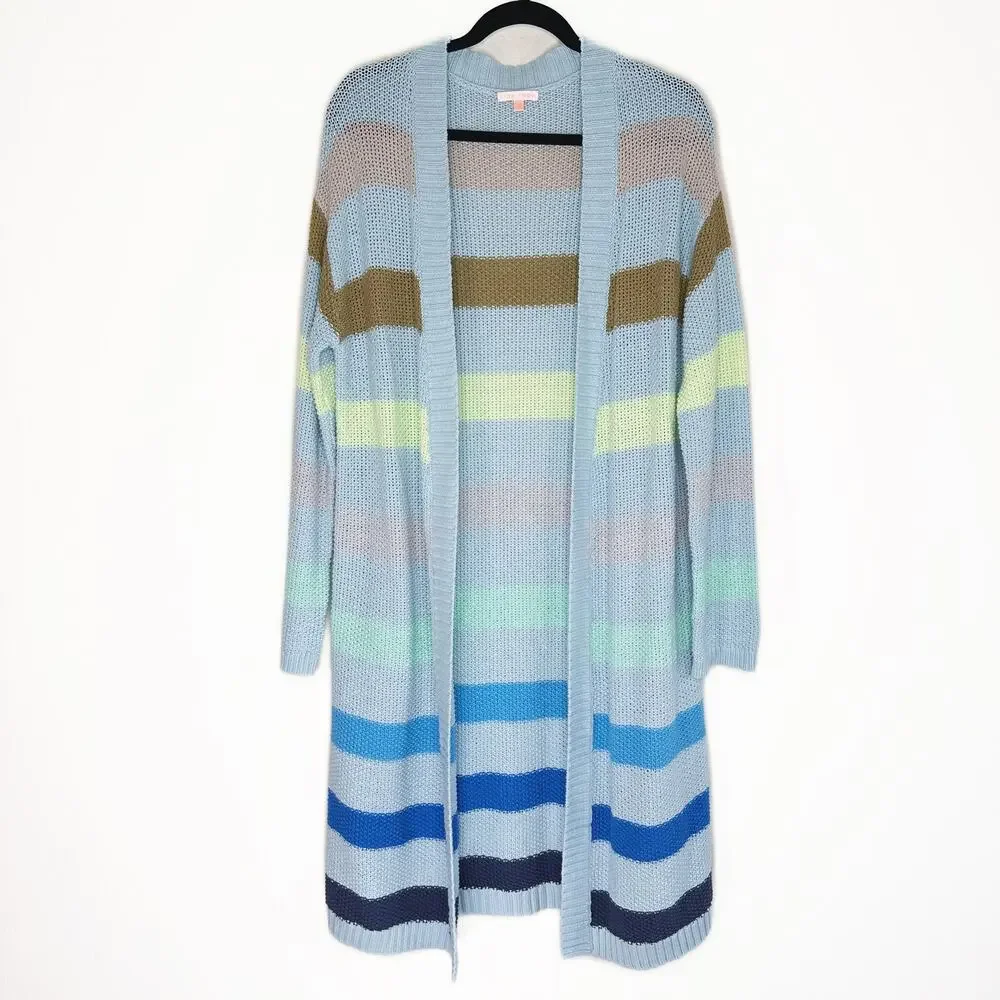 Lisa Todd Sand Sweeper Aqua Combo Striped Knit Long Open Cardigan Duster Sweater - Picture 3 of 11